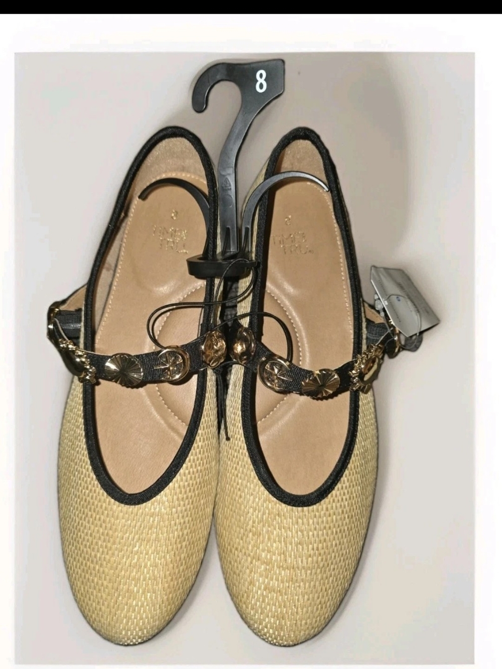 Time and Tru Beige Woven Mary Jane Flats with Black Trim and Gold Accents NWT